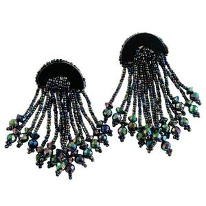 80s Glass Earrings VTG Black Pierced beaded Cluster Dangle Lucite Statement Big